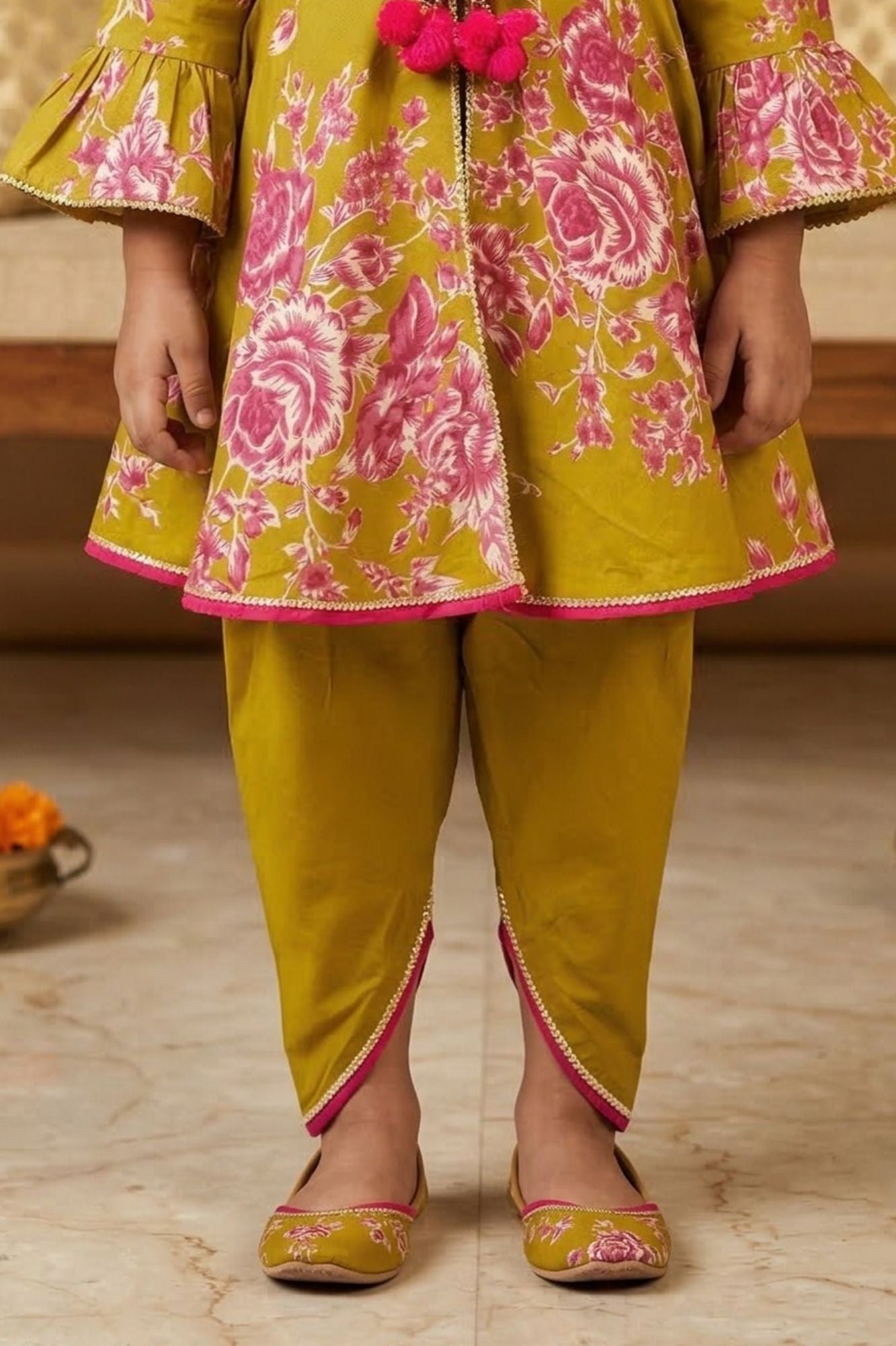 Girls Mustard Floral Printed Kurti with Dhoti Pants Set