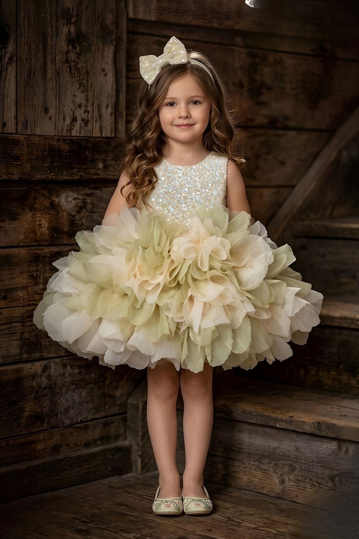 Girls Light Olive Green Party Wear Frock With Sequin Bodice And 3D Organza Petal Detailing