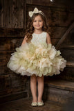 Girls Light Olive Green Party Wear Frock With Sequin Bodice And 3D Organza Petal Detailing