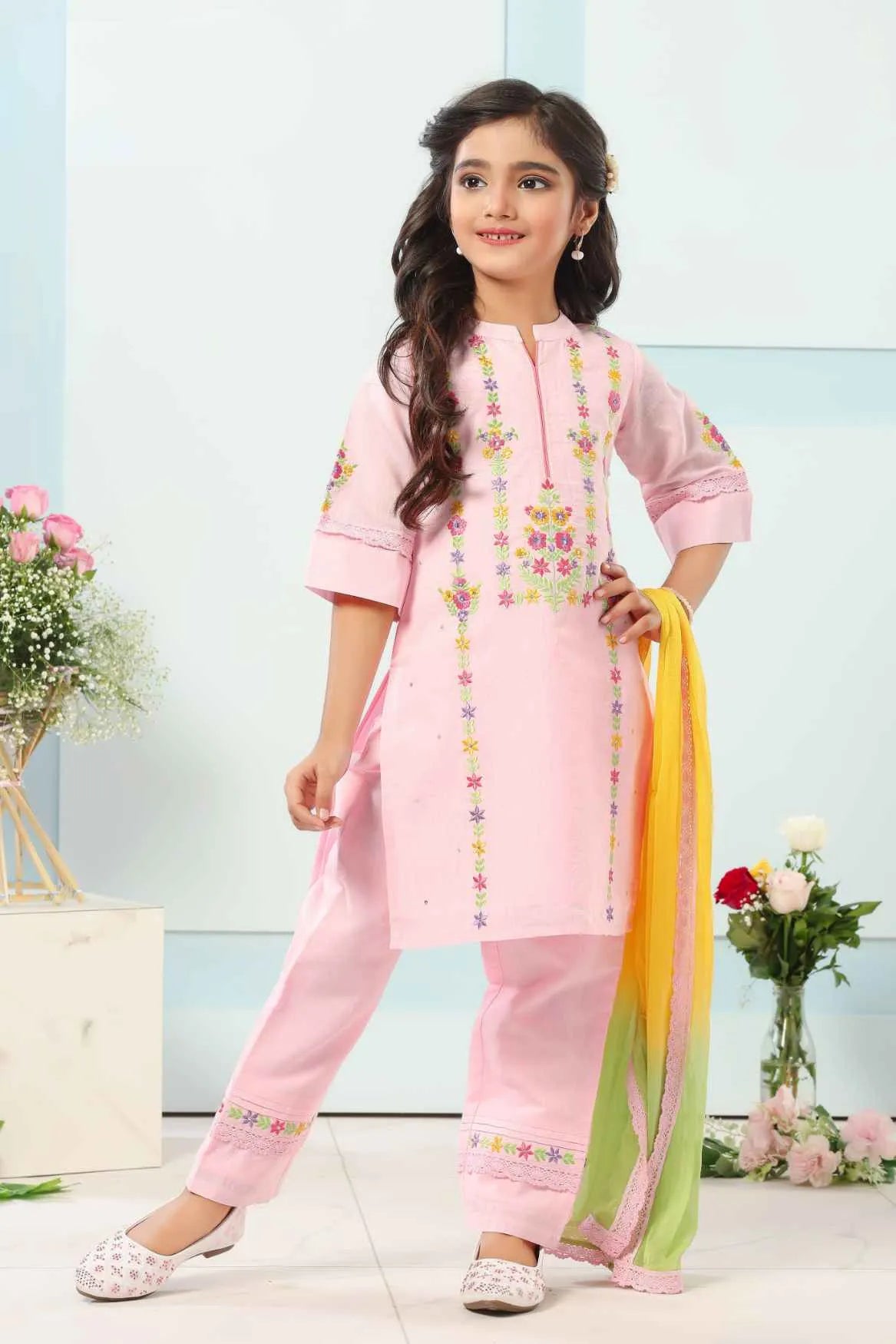 Pink Kurta Set With Multicolor Embroidery And Yellow-Green Dupatta For Girls