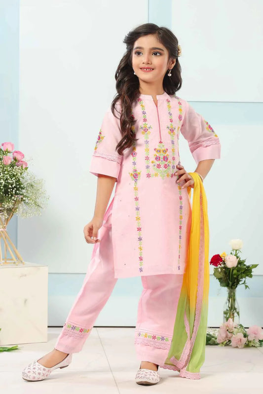 Pink Kurta Set With Multicolor Embroidery And Yellow-Green Dupatta For Girls