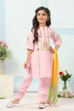 Pink Kurta Set With Multicolor Embroidery And Yellow-Green Dupatta For Girls