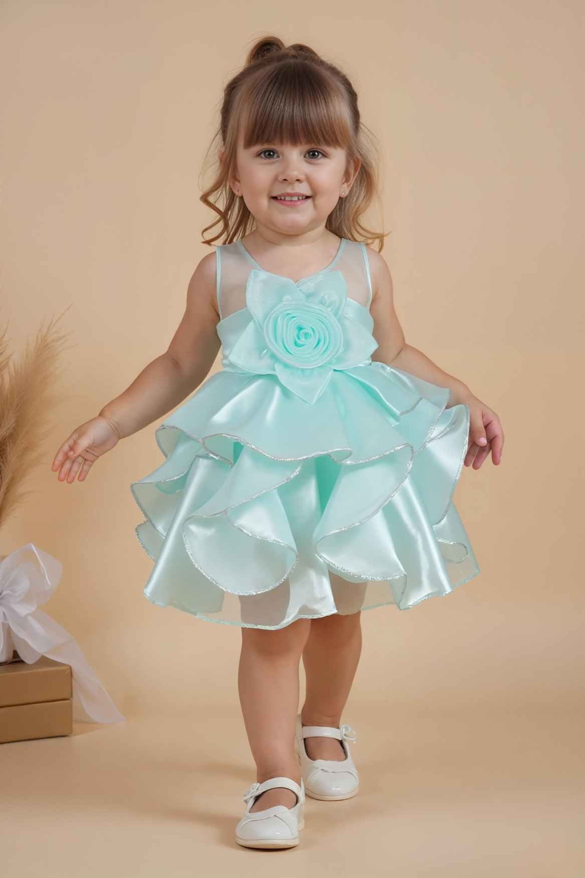 Sea Green Ruffled Organza Party Frock With Floral Appliqué For Girls