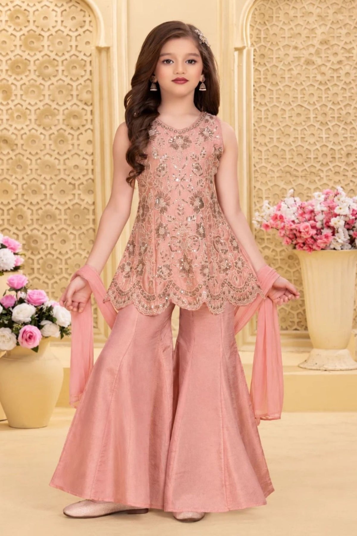 Girls Elegant Pink Floral Embroidered Palazzo Set