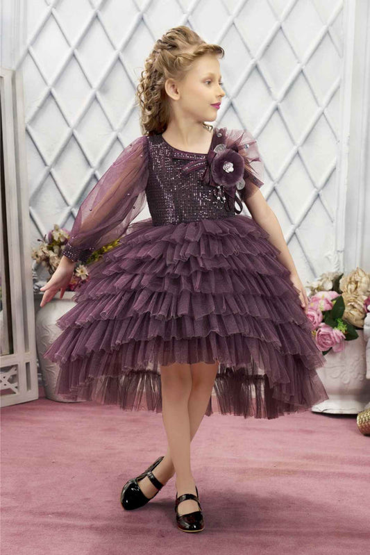 Wine Sequins And Pearl Work With Floral Embellished Frock For Girls