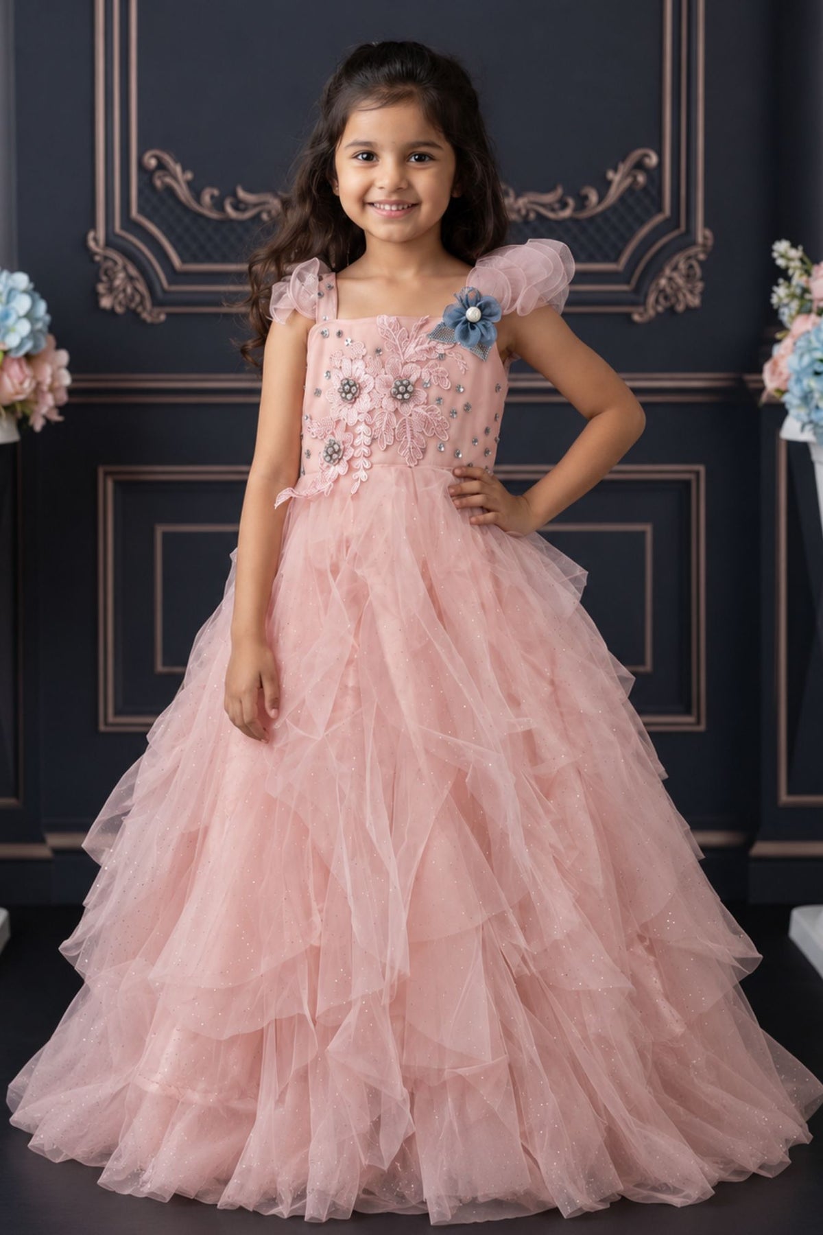 Girls Blush Pink Floral Embellished Layered Party Wear Gown