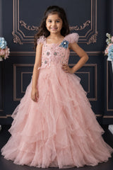 Girls Blush Pink Floral Embellished Layered Party Wear Gown