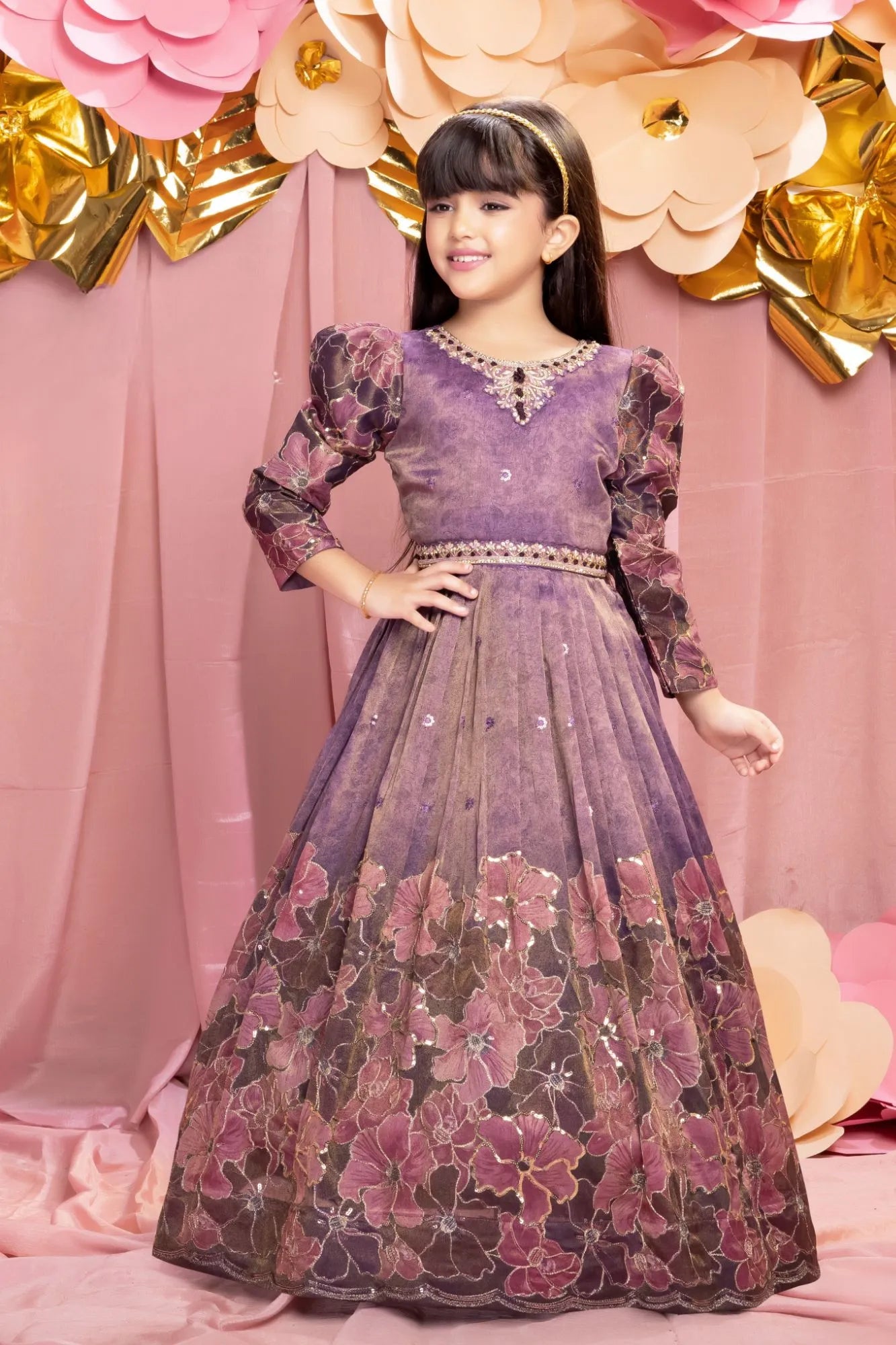 Purple Floral Embroidered Gown with Puff Sleeves For Girls