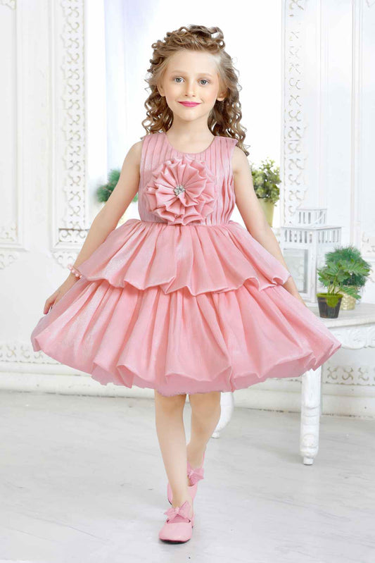 Peach Partywear Frock Embellished With Flowers For Girls