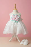 White Party Frock with Pastel 3D Lotus Flower Appliqué For Girls