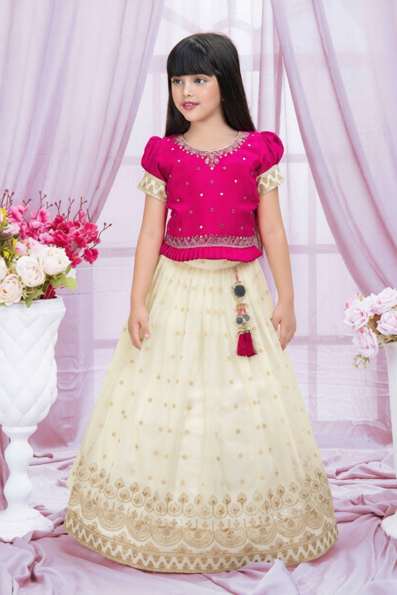 Magenta Embroidered Silk Pattu Pavadai with Puff Sleeves For Girls