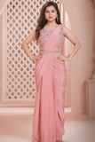Designer Peach Pre Draped Saree with Embellished Blouse For Girls