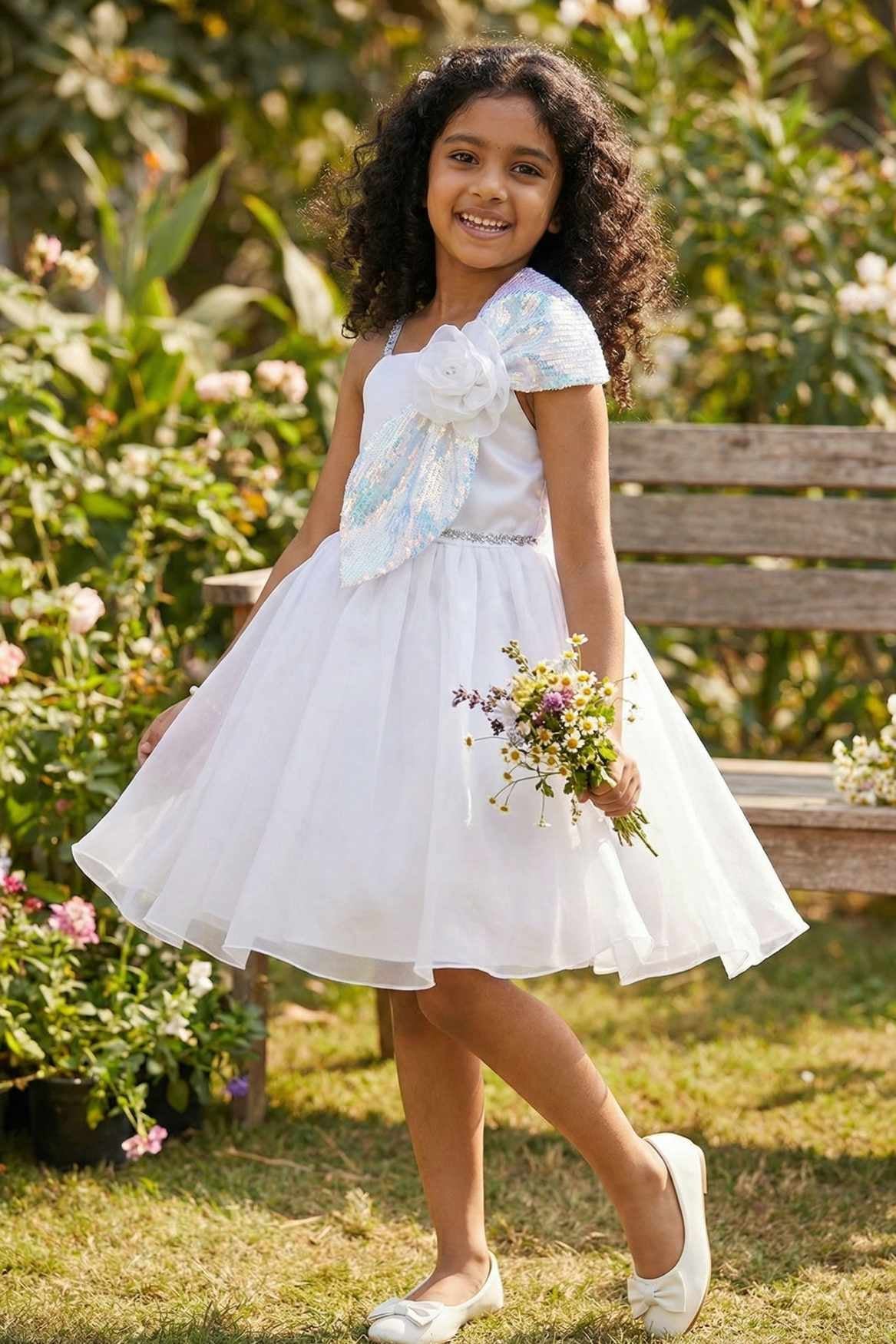 White Party Frock With Sequin Bow And 3D Flower Detail For Girls