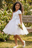 White Party Frock With Sequin Bow And 3D Flower Detail For Girls