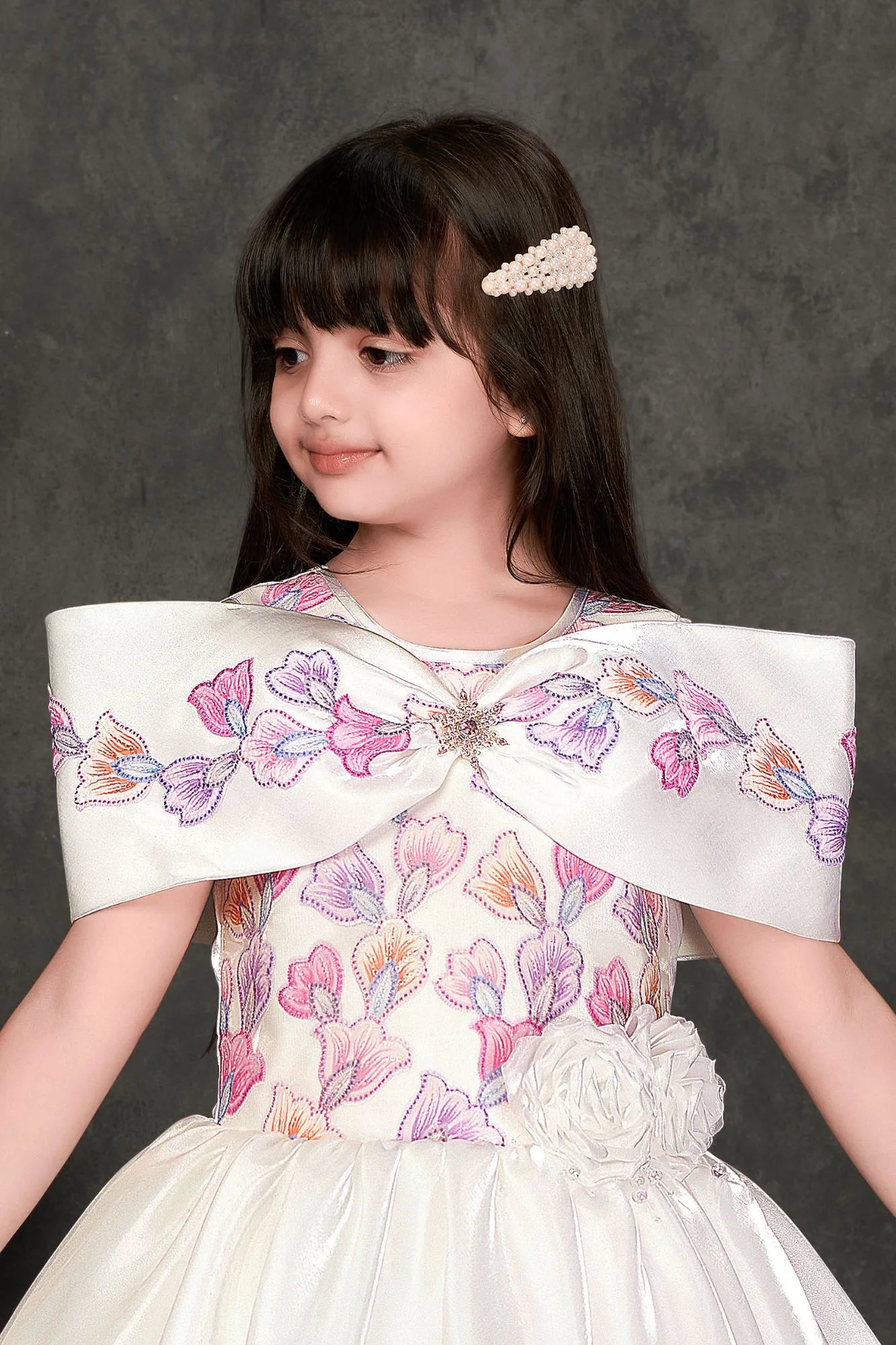 White Floral Embroidered Party Gown For Girls