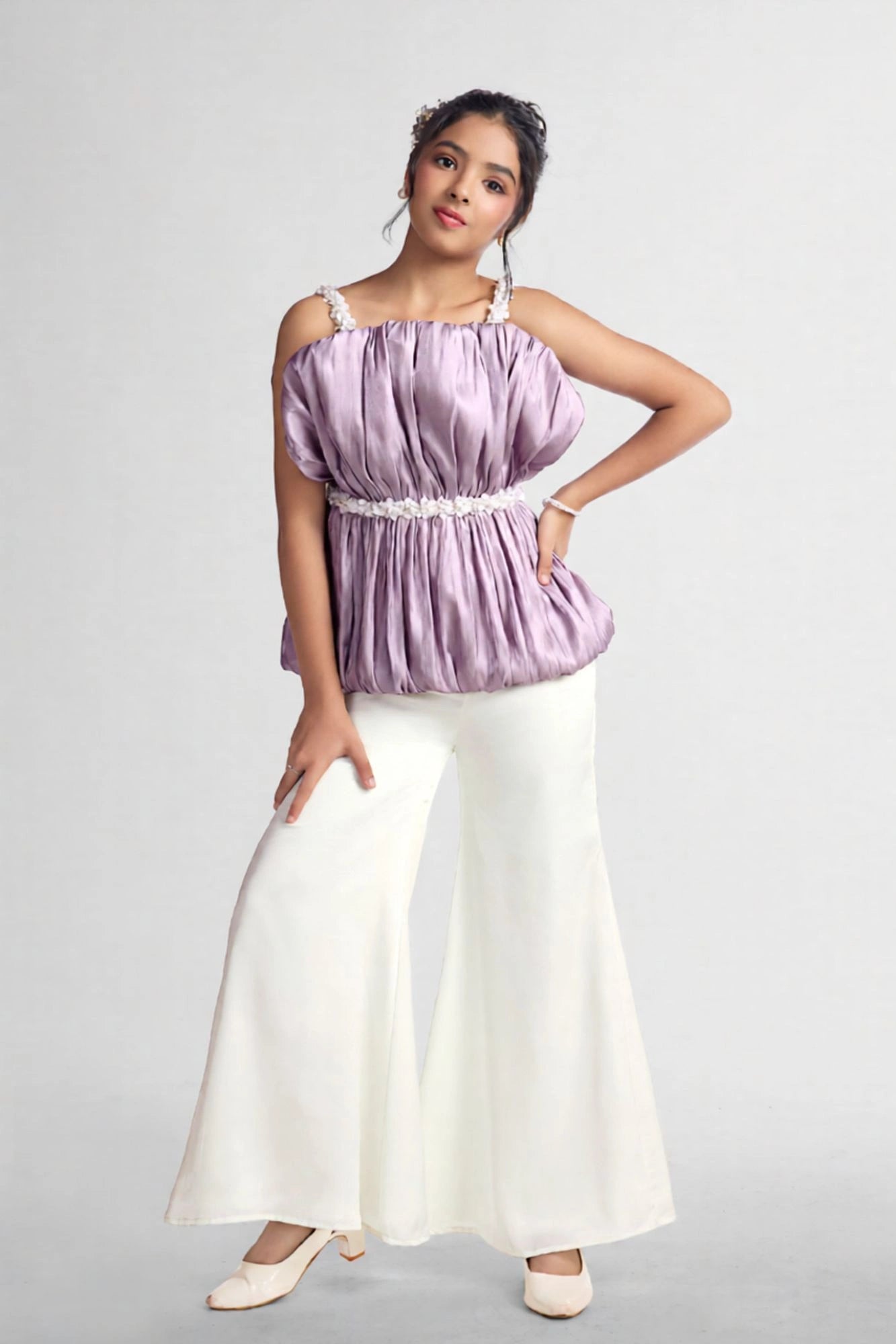 Lavender Ruched Top with White Flared Pants For Girls