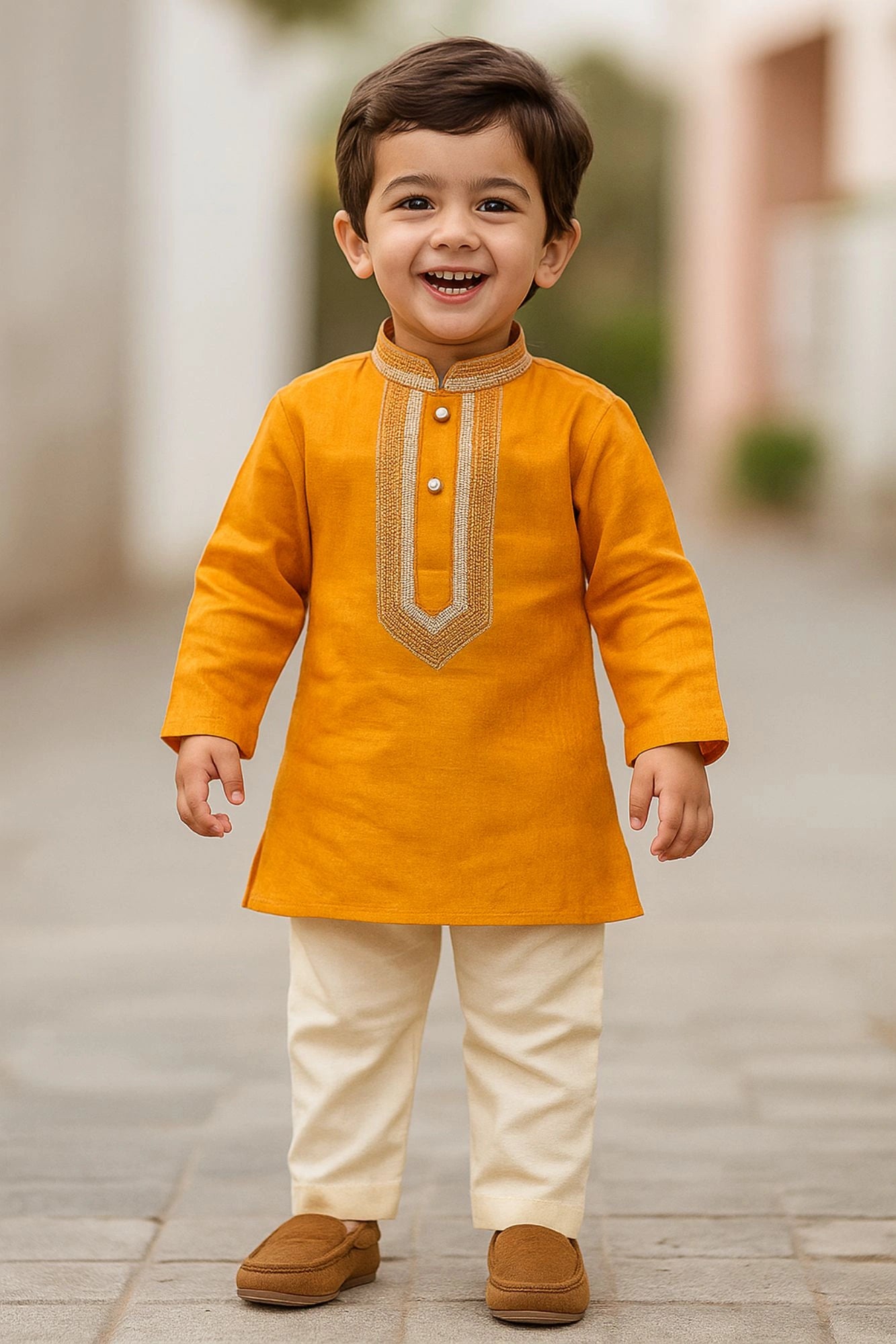 Classic Mustard Yellow Embroidered Kurta with Cream Pajama Set For Boys
