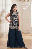 Navy Blue Embroidered Georgette Palazzo Set For Girls