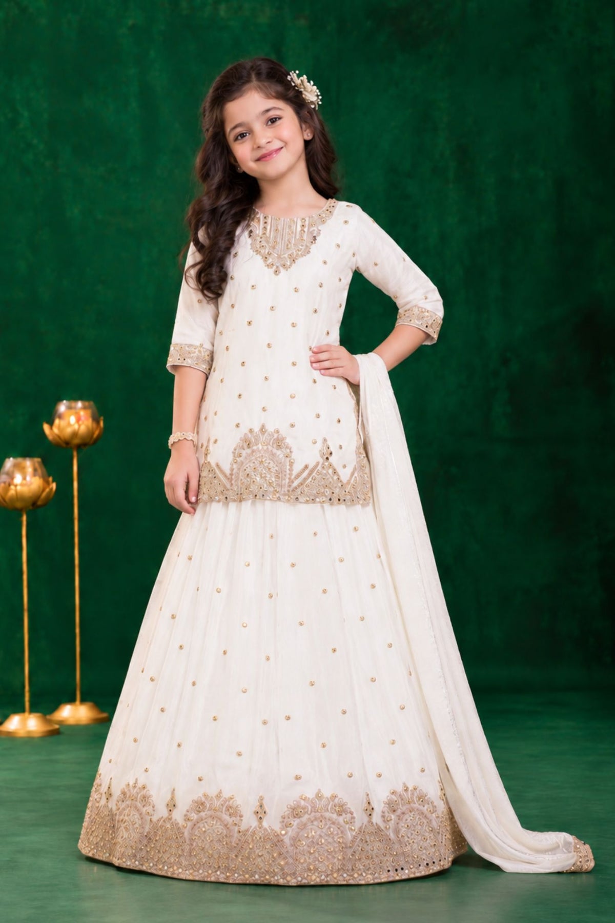 Girls Ivory Gold Embellished Lehenga Choli Set With Dupatta