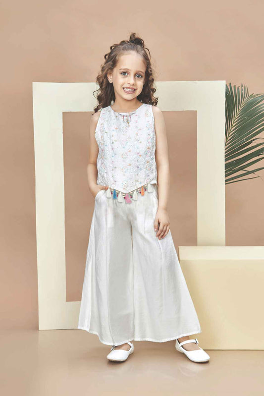 Off-White Embroidered With Tassels Top And Palazzo Set For Girls