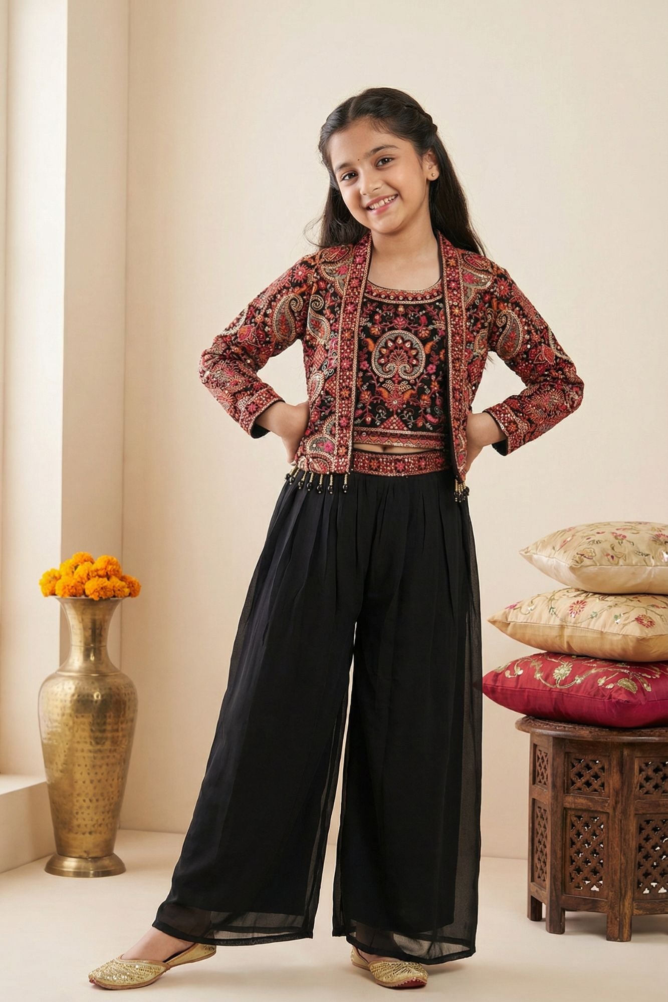 Black Paisley Embroidered Palazzo Set With Jacket for Girls