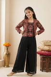Black Paisley Embroidered Palazzo Set With Jacket for Girls