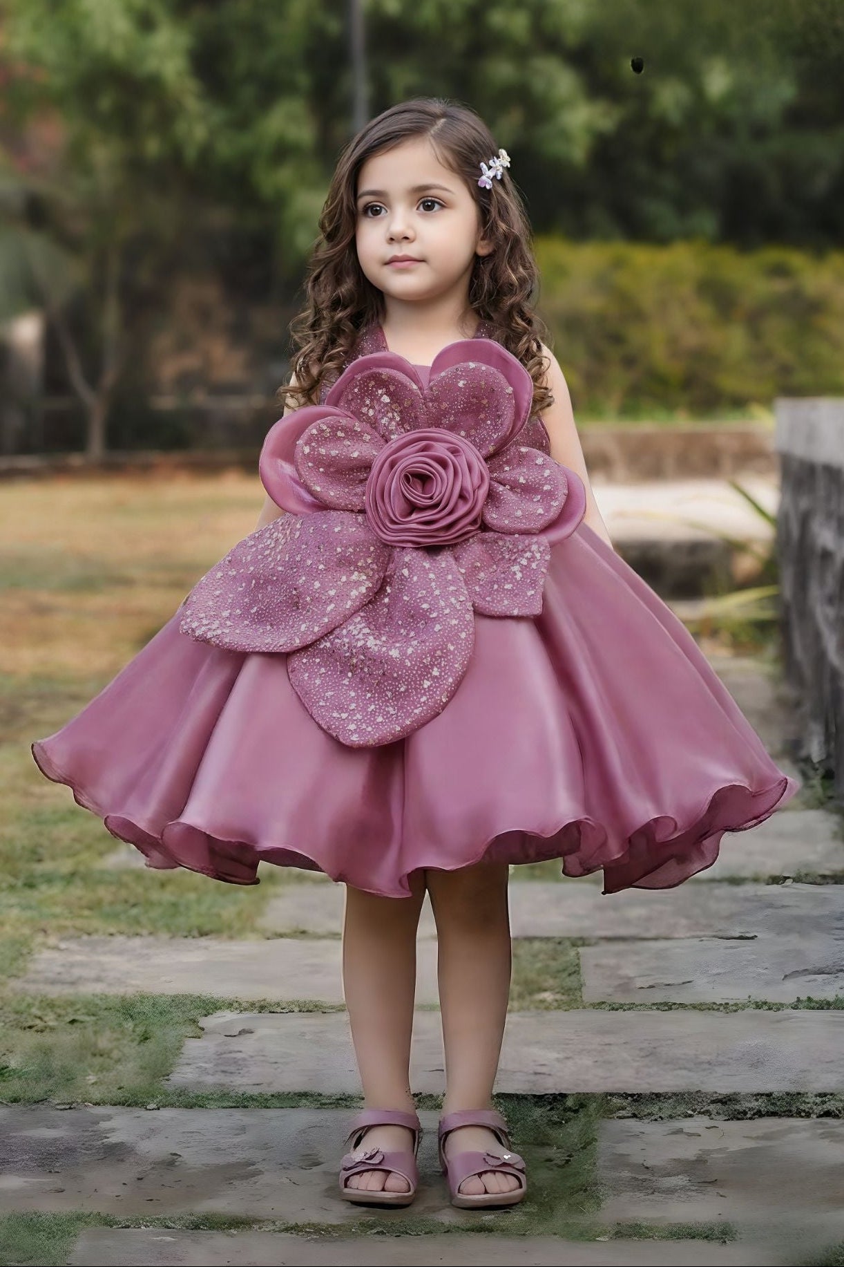 Girls Mauve Pink 3D Floral Party Dress