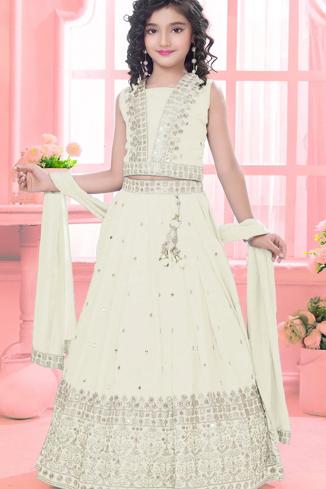Cream Embroidered Lehenga Choli Set with Dupatta For Girls
