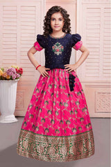 Navy Blue And Pink Silk Pattu Pavadai With Gold Foil Print For Girls