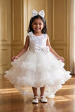 White Ruffle Party Gown with Sequin Bows and High-Low Hem For Girls