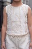 Girls Off-White Embroidered Top with Wide-Leg Pants Set