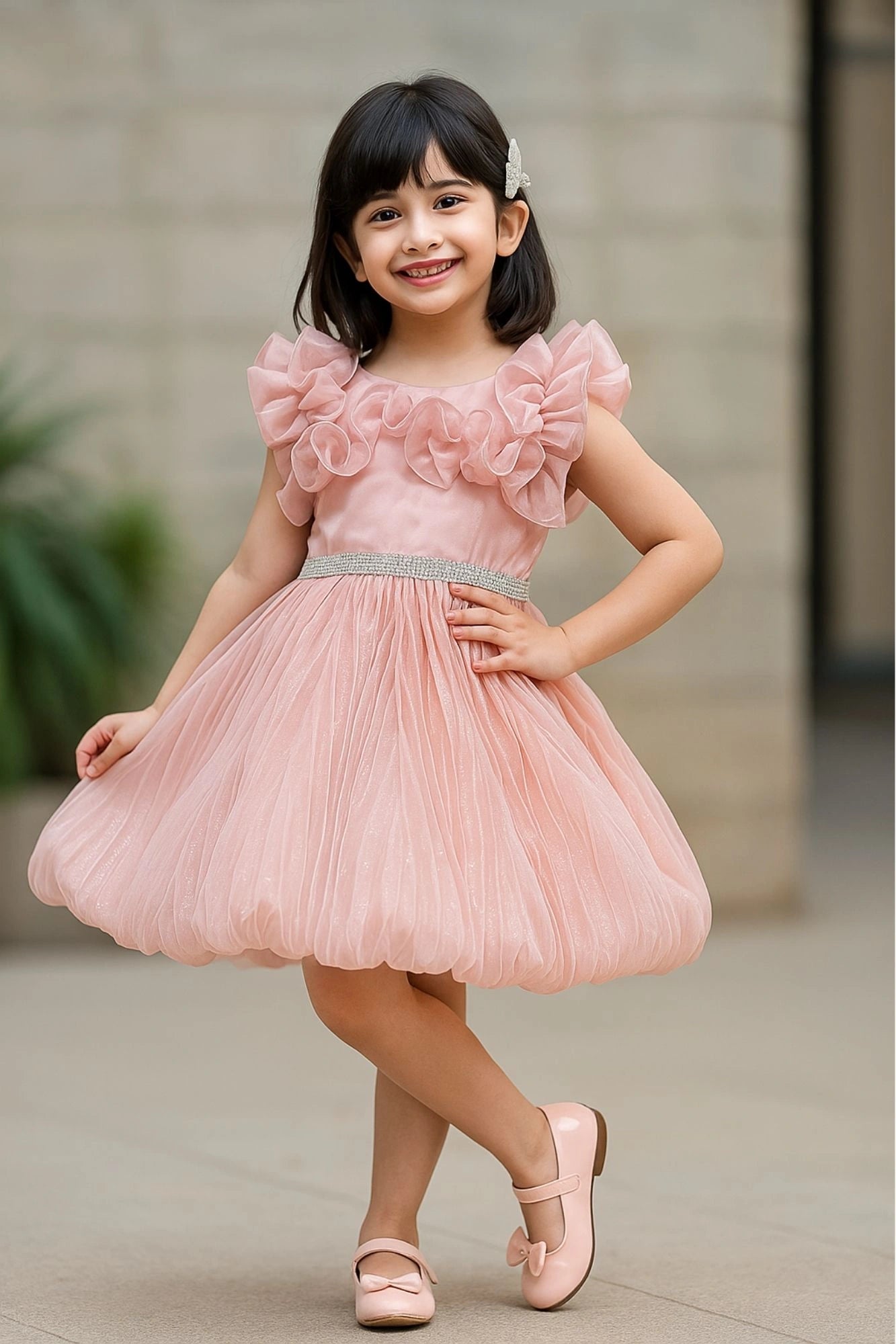 Peach Embellished Party Wear Frock with Ruffled Sleeves For Girls