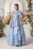 Blue Layered Gown with Ruffled Shoulder and Sequin Embroidery For Girls