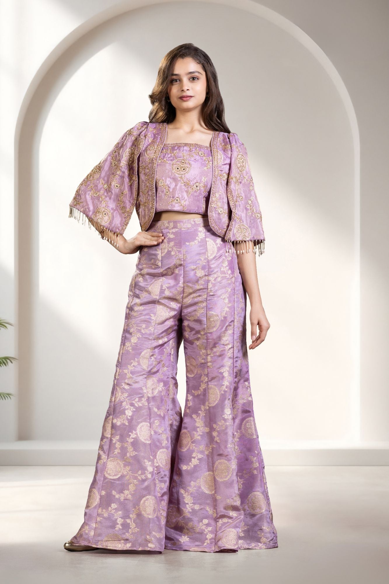 Lavender Palazzo Set with Crop Top And Jacket For Girls