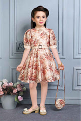 Beige Casual Floral Printed Frock With Sling Bag For Girls