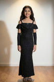 Black Glitter Off-Shoulder Party Wear Gown With Arm Sleeves For Girls