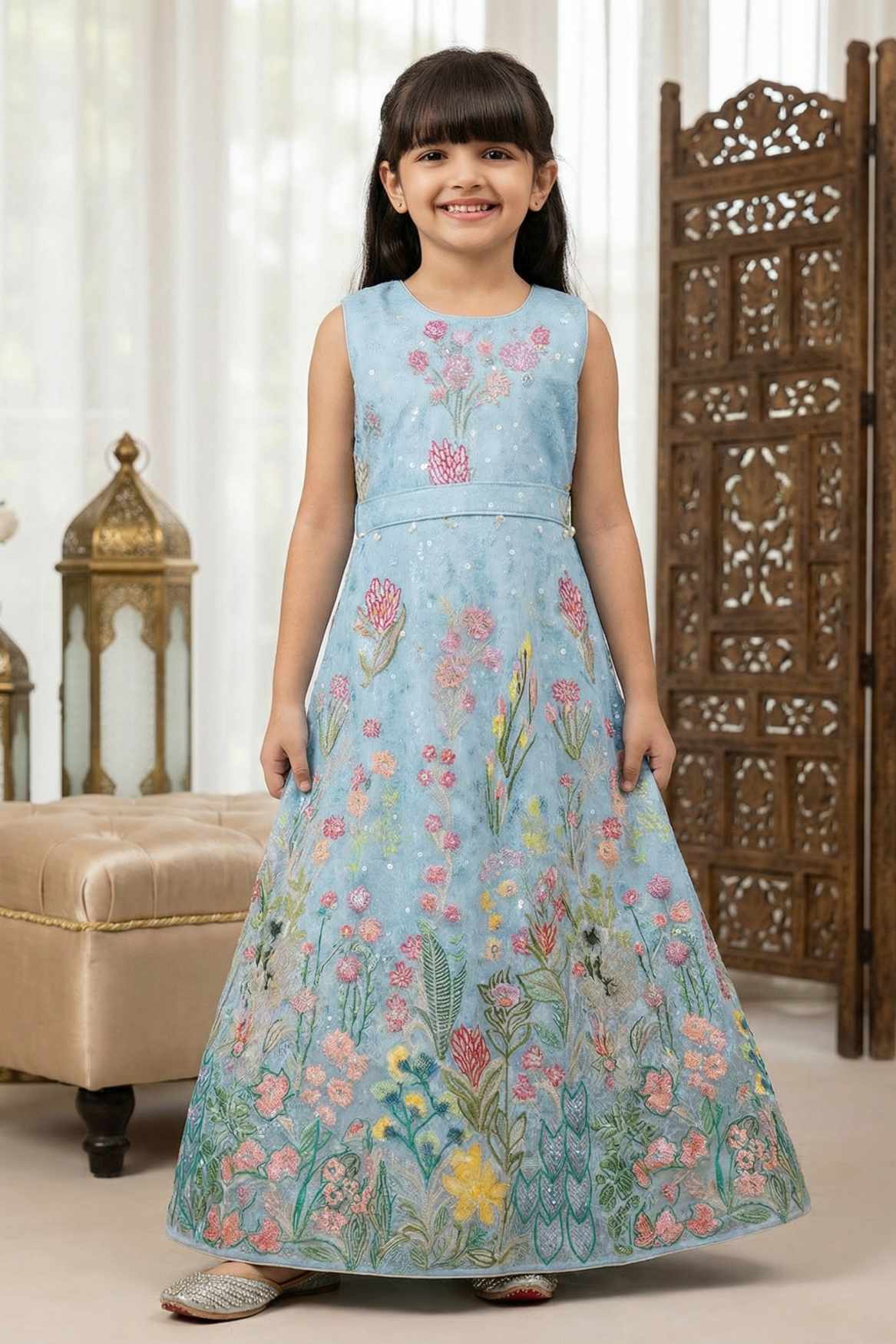 Blue Floral Embroidered Gown For Girls