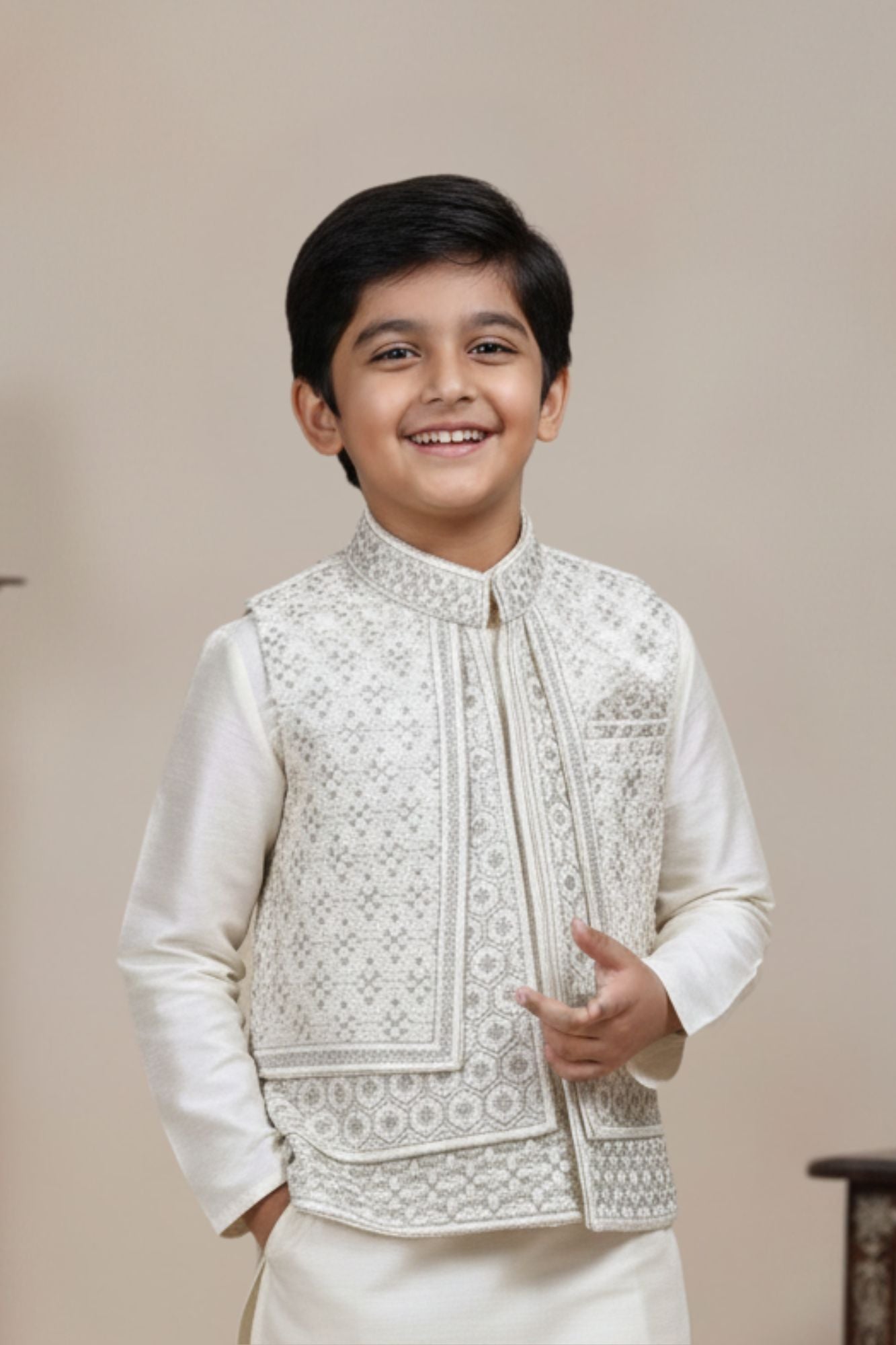 Beige Embroidered Kurta Pajama Set with Ethnic Jacket for Boys