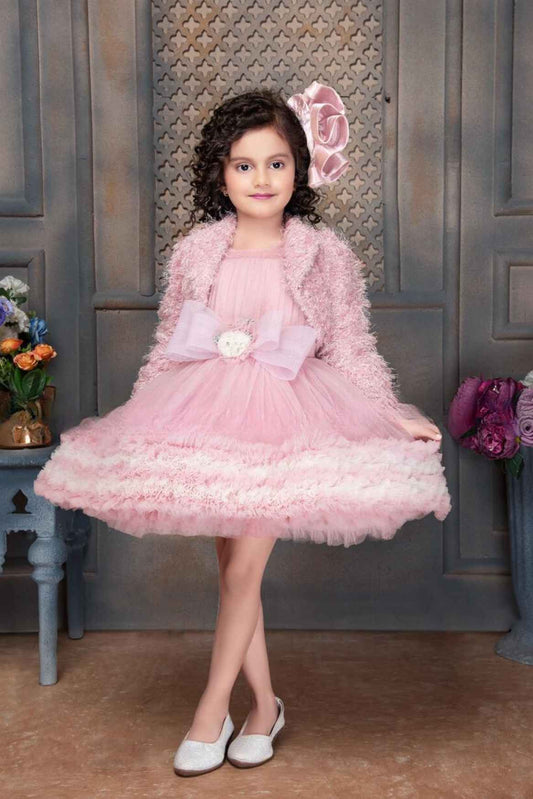 Designer Pink Frock With Bow Embellishment And Overcoat For Girls