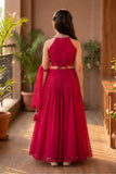 Girls Rani Pink  Embroidered Halter Neck Choli Set with Dupatta