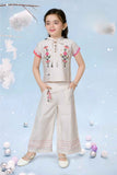 Cream Floral Embroidered Top And Pant Co Ord Set For Girls