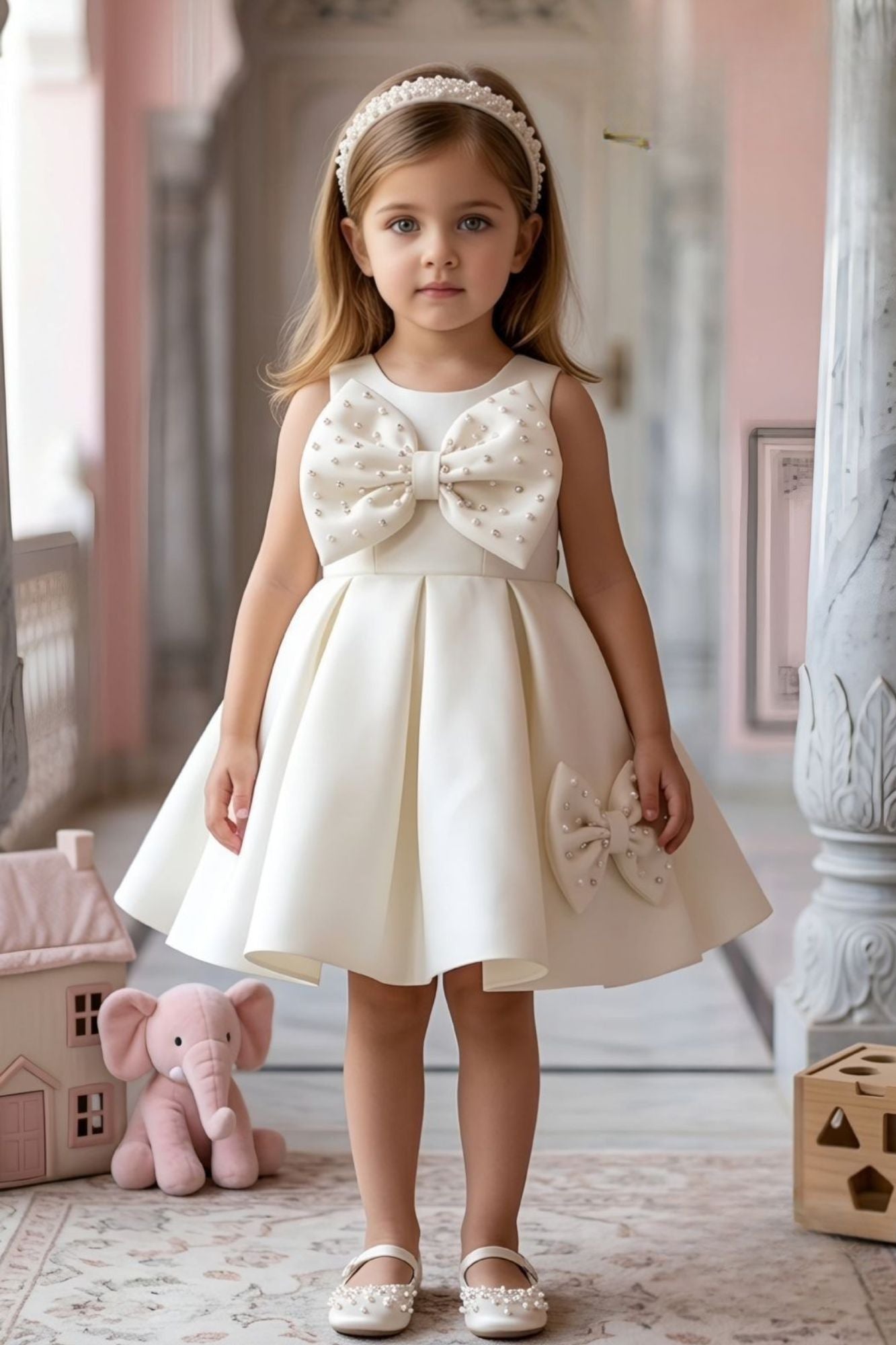 White Party Frock With Pearl-Studded Bows For Girls