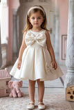 White Party Frock With Pearl-Studded Bows For Girls