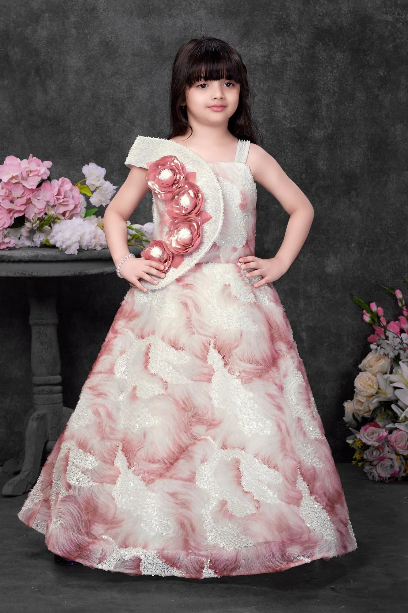 Blush Pink And Ivory Floral Appliqué Party Wear Gown For Girls