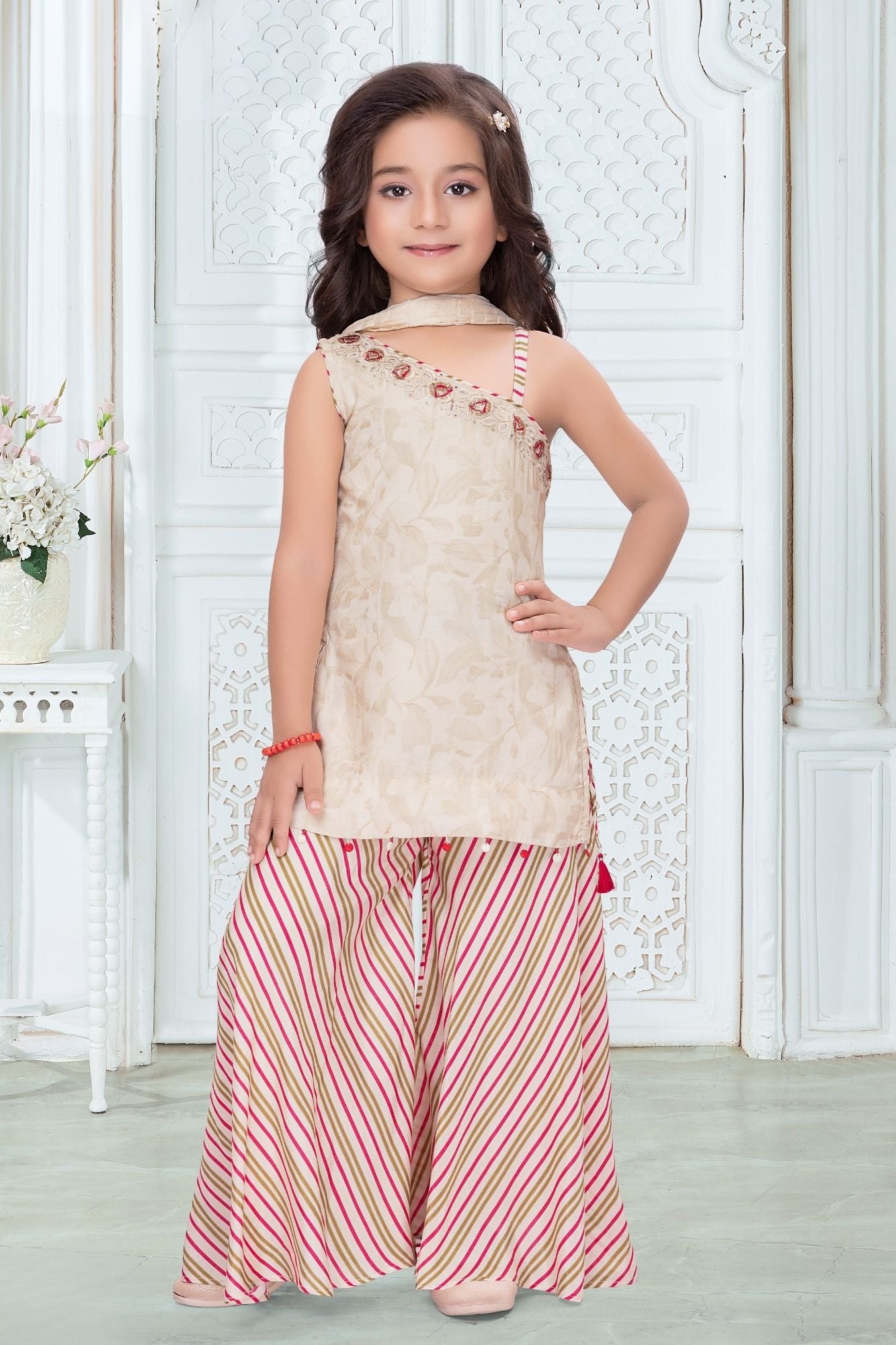 Girls Cream Embroidered Palazzo Set With Leheriya Print And Dupatta