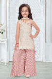 Girls Cream Embroidered Palazzo Set With Leheriya Print And Dupatta