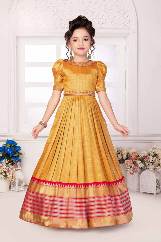 Ethnic Golden Gown With Sequin And Gold Foil Print For Girls