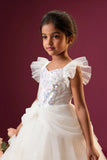 Girls White Sequin Embellished Layered Net Party Wear Gown
