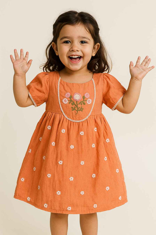 Orange Cotton Embroidered Dress for Girls