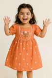 Orange Cotton Embroidered Dress for Girls